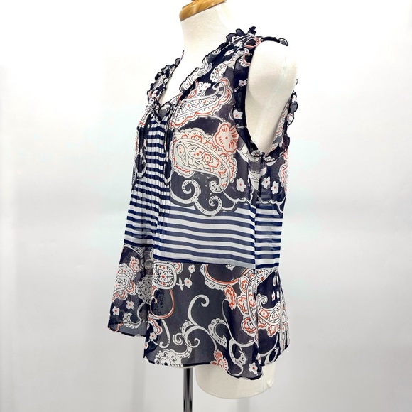 Cabi Peplum Blouse #5349, Mixed Print Semi-Transparent V-Neck Sleeveless Top, XS - Picture 6 of 16